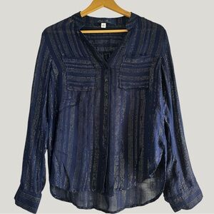 Navy Blue Metallic Striped Button-Down Blouse